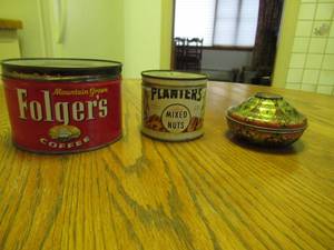 lot 115 image: 3 Vintage Tins Folgers. Planters. Wilbur Philadelphia. Cottage Core. Farmhouse. 