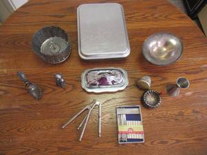 lot 121 image: Lot of Misc. Vintage Tin wear including a very nice Pewter Cat Statue.