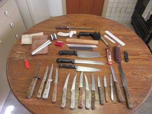 lot 127 image: Lot of Misc. Knives & Sharpener Tools & stones. Granny Cottage Core. Farmhouse. 