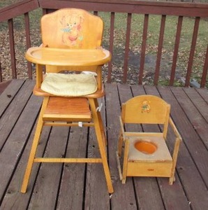 lot 138 image: Antique Vintage Oakhill Wood High Chair and Potty Chair with decals. Cottage Core. Farmhouse.