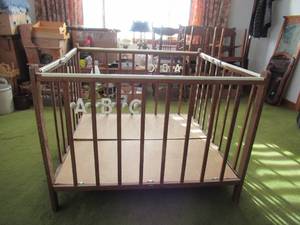 lot 144 image: Vintage Childcraft wood Play Pen Doll storage. Foldable. (Slats are not to todays safety code standards). Farmhouse. Cottage Core. 