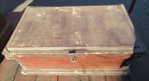 lot 170 image: Charming Antique wood Carpenters Tool BoxTrunk. Original Blood Red Paint & Hardware. Cottage Core. Farmhouse. 