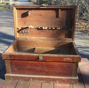 lot 171 image: Nice Antique Wood Carpenters Trunk Tool Chest with copper corners. Cottage Core. Farmhouse. 