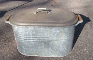 lot 189 image: Vintage Galvanized Boiler with original Label. Granny Cottage Core. Farmhouse. 