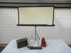 lot 229 image: Lot of various Items Hydraulic Jack, Trailer Hitch, Ammo Box, Movie Screen