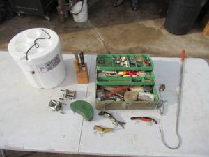 lot 237 image: Fishing Tackle Lot. Gaff. Cooler. South Bend fishing reels.