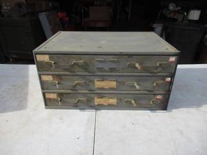 lot 247 image: 3 Drawer Metal Hardware Cabinet with hardware.
