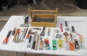 lot 249 image: Lot of Items Wood Tool Tote w snaders and scrapers
