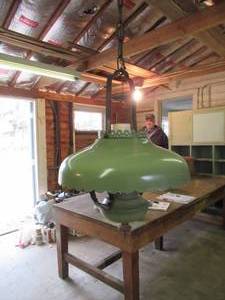 lot 255 image: Vintage 1970s Dinette Hanging Light. Avocado Green Metal shade.