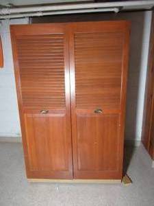 lot 288 image: Vintage Metal and wood cabinet  Armoire with wood Louver doors.