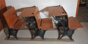lot 292 image: Antique School Desks. 2 Desks, 3 Seats. Granny Cottage Core. Farmhouse.