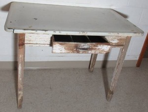 lot 293 image: Vintage Enamel top with wood base Table with drawer. Retro. Cottage Core.Farmhouse.