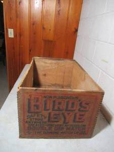 lot 296 image: Antique Wood Box. Birds Eye Double Dip Match. Farmhouse. Cottage Core.