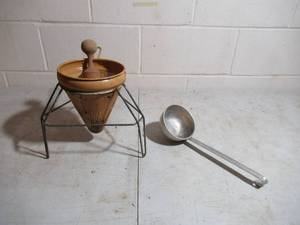 lot 299 image: Vintage Lot Aluminum Colander Cone Sieve Strainer with Wood Pestle on Stand and Ladle. Granny Cottage Core. Farmhouse. 