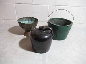 lot 305 image: Lot of various vintage items Jug Stoneware and wood Bucket. Granny Cottage Core.