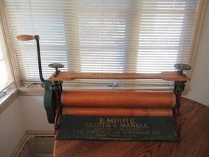 lot 1 image: Antique Empire Clothes Mangle Ringer with table top mount and hand crank. American Wringer Co. New York  Granny Cottage Core. Farmhouse. Primitive.