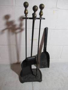lot 317 image: Vintage Iron Fireplace Tools on Stand, 6 piece.