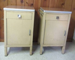 lot 335 image: Vintage pair of Industrial Metal Cabinets with wood grain tops and hanging bar. Retro.