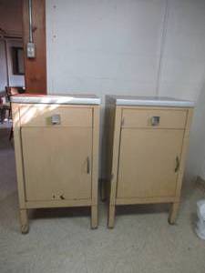 lot 337 image: Vintage pair of Industrial Metal Cabinets with wood grain tops.Retro.
