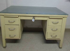 lot 340 image: Vintage Industrial Steel 6 Drawer Desk with glass top and key. General Fireproofing Co. Ohio. Retro. 