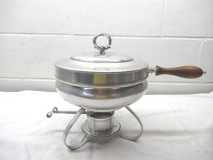 lot 350 image: Vintage Aluminum Sterno  Chafing Dish  Fondue Pot with wood handle. Granny Cottage Core.