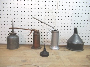 lot 373 image: Lot of 4 Vintage Oil Can OilersThumb OilerOil pumps & A Funnel.