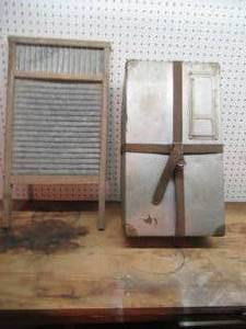 lot 378 image: Lot of Antique Wash Board & Metal Travel Box. Granny Cottage Core. Farmhouse.