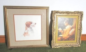 lot 64 image: Lot of 2 Vintage Framed Art pieces. Young Girl No. 9548 and Springer Spaniel Dog 1967 Fleck Bros. by Matt Stage. Granny Cottage Core.