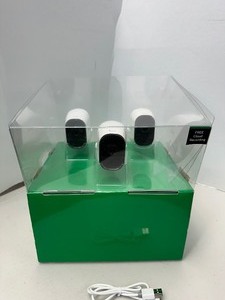 lot 20 image: Arlo Pro - 4 Piece Kit 3 Wireless Indoor  Outdoor Security Cameras  With Wireless Hub - Powers On - Ethernet Port on Hub Not Seated - Untested