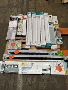 lot 46 image: Pallet of Bathroom Hardware - Towel Rails, Mini Blinds, Light Bars, Curved Shower Rods, blackout curtain