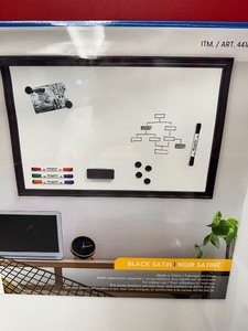 lot 30 image: New 2x3 Dry Erase White Board, with Markers, Magnets, and Magnetic Eraser  - Black Frame - Light Damage see pictures