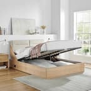 lot 11 image: Koble Reclina Oak Upholstered Smart Lift-Up Storage Bed w Built in Speaker  USB Plug ins - Queen - Unused Like New - Complete Bed Missing wireless charging unit