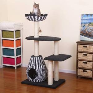 lot 32 image: Cat Tree Royal 3 Level Jet Black and Porcelain White Cat Tree with Toy - unused minor damage