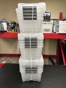 lot 62 image: Qty 3 -  4 Packs of Buckle Up 12.9 Qt Storage Bins - Unused - Some have minor damage