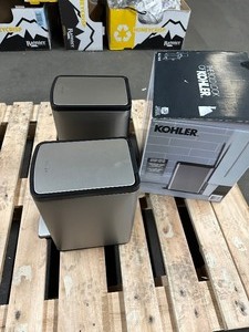 lot 38 image: Kohler, 2Pk Compact 1.6 Gal. Stainless Steel Step Trash Bin Can new open box.