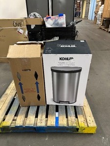 lot 39 image: 2 Kohler Step Trash Can, 45L Semi-Round, Stainless Steel (new with some damage) Model  REC31318-ST