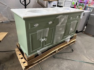 lot 6 image: Home Decorators Collection Sadie 67 in. W x 22 in. D x 35 in. H Double Sink Freestanding Bathroom Vanity in Light Cyan w Lightly Veined White Marble Top