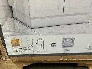 lot 24 image: Glacier Bay 24 W x 21D x 34L Stainless Steel LaundryUtility Sink with Faucet and Cabinet in White Like New Retail - $289