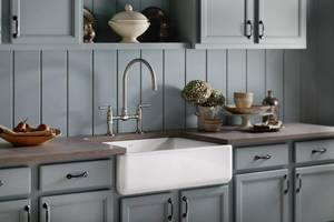 lot 34 image: KOHLER K-6487-0 Whitehaven FarmhouseSingle-Bowl Kitchen Sink with Tall Apron, 30 Inch, White - Unused - Light Damage List $1464.55