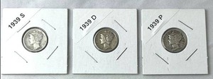 1939 PDS Mercury Dimes (90% Silver) Lot of 3 Coins