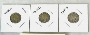 1940 PDS Mercury Dimes (90% Silver) Lot of 3 Coins