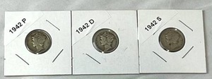 1942 PDS Mercury Dimes (90% Silver) Lot of 3 Coins
