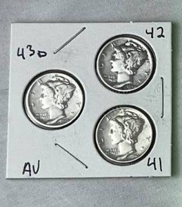 19414243D Mercury Dimes (90% Silver) Lot of 3 Coins