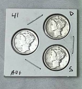 1941 PDS Mercury Dimes (90% Silver) Lot of 3 Coins