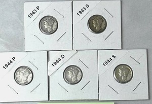 1943 PS and 1944 PDS Mercury Dimes (90% Silver) Lot of 5 Coins
