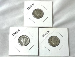 1945 PS x 2 Mercury Dimes (90% Silver) Lot of 3 Coins