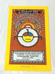 June 3, 1971 A Party For Mother Earth Concert Poster (6.5 x 10.5) - New Riders of the Purple Sage  Country Joe McDonald  Stoneground Grootna  Ace of Cups (May be a Reprint - Bid accordingly)