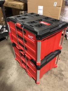 lot 27 image: Milwaukee PACKOUT 22 in. Modular 3-Drawer Tool Box with Metal Reinforced Corners Customer Returns See Pictures