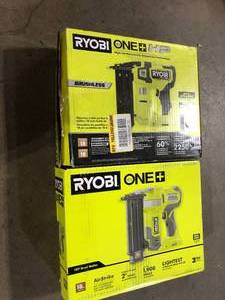lot 43 image: Lot of 2 RYOBI ONE 18V 18-Gauge Cordless AirStrike Brad Nailer (Tool Only) Customer Returns See Pictures