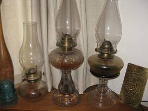 lot 229 image: Lot of 3 Kerosene Lamps, 1884 Insulator, Aluminum Floats, Iron, Brass Nautical Label (as Seen)